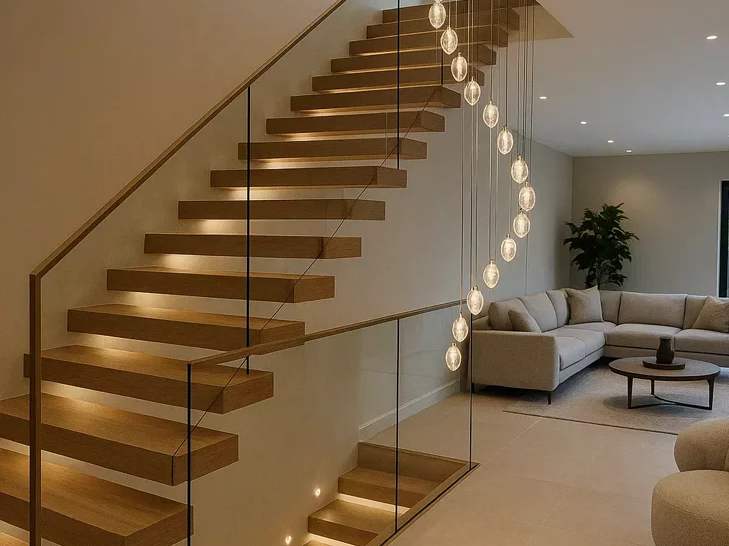 A floating staircase lit by step lights beside a living area