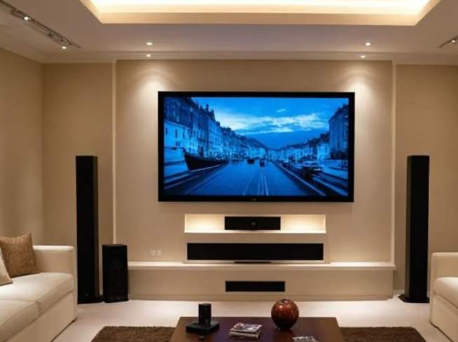 A home cinema room with a large screen, tower speakers and a sofa