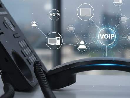 A desk IP telephone with a network diagram overlay