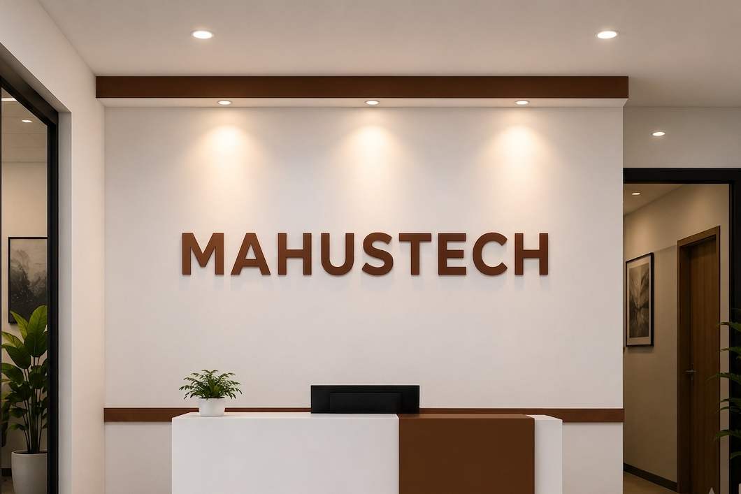 Meza ya mapokezi chini ya jina la Mahustech kwenye ukuta wenye mwanga na mapambo ya mbao