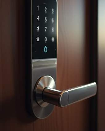 A keypad smart lock with a lever handle on a wooden door