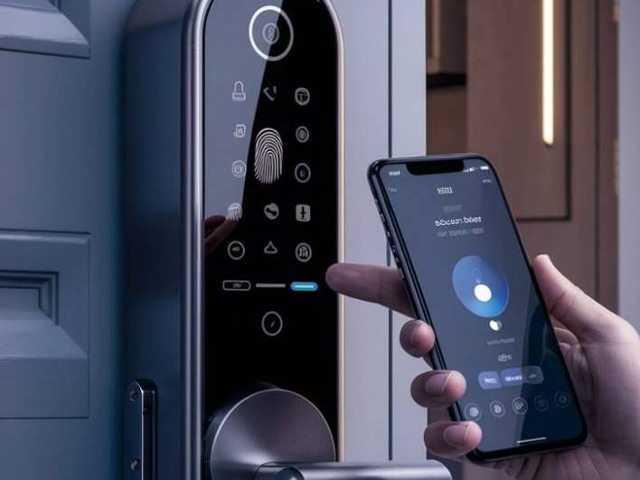 A smart door lock with a fingerprint reader, opened from a phone app