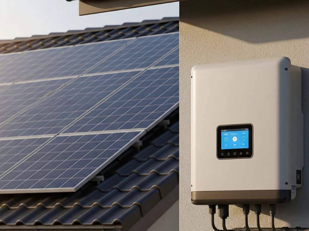 Solar panels on a tiled roof with an inverter mounted on the wall below
