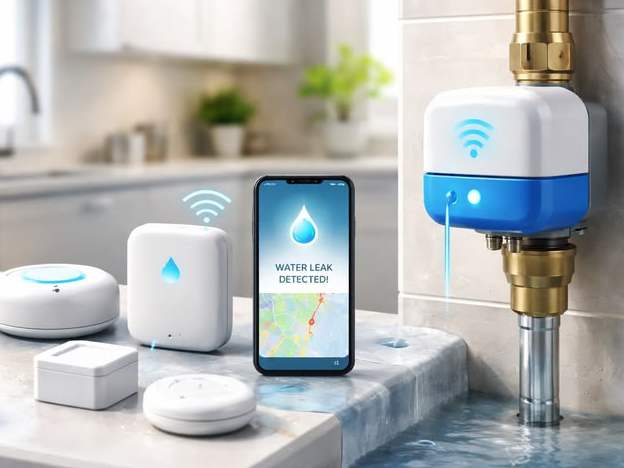 Water leak sensors and a smart valve, with a phone showing a leak alert